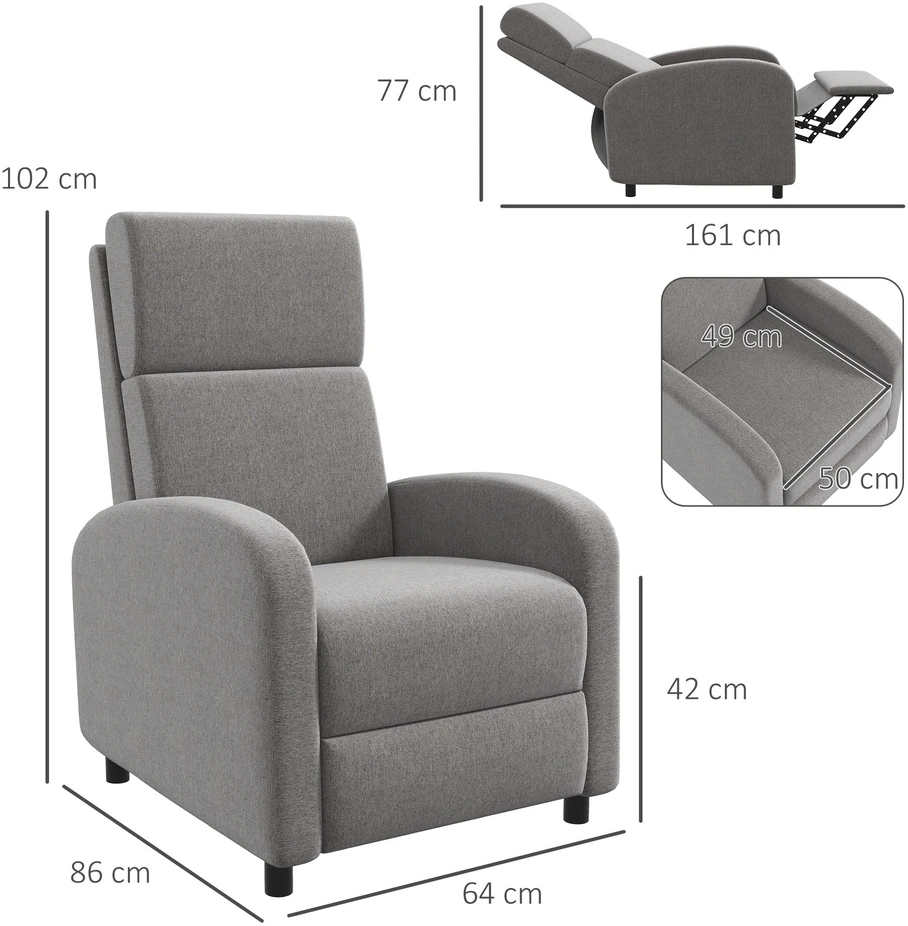 Fotelis HOMCOM poilsio krėslas, televizoriaus krėslas su atlošimo funkcija, paminkštintas, lininio audinio išvaizda, su kojų atrama, apkrova iki 120 kg, svetainei, pilkas
