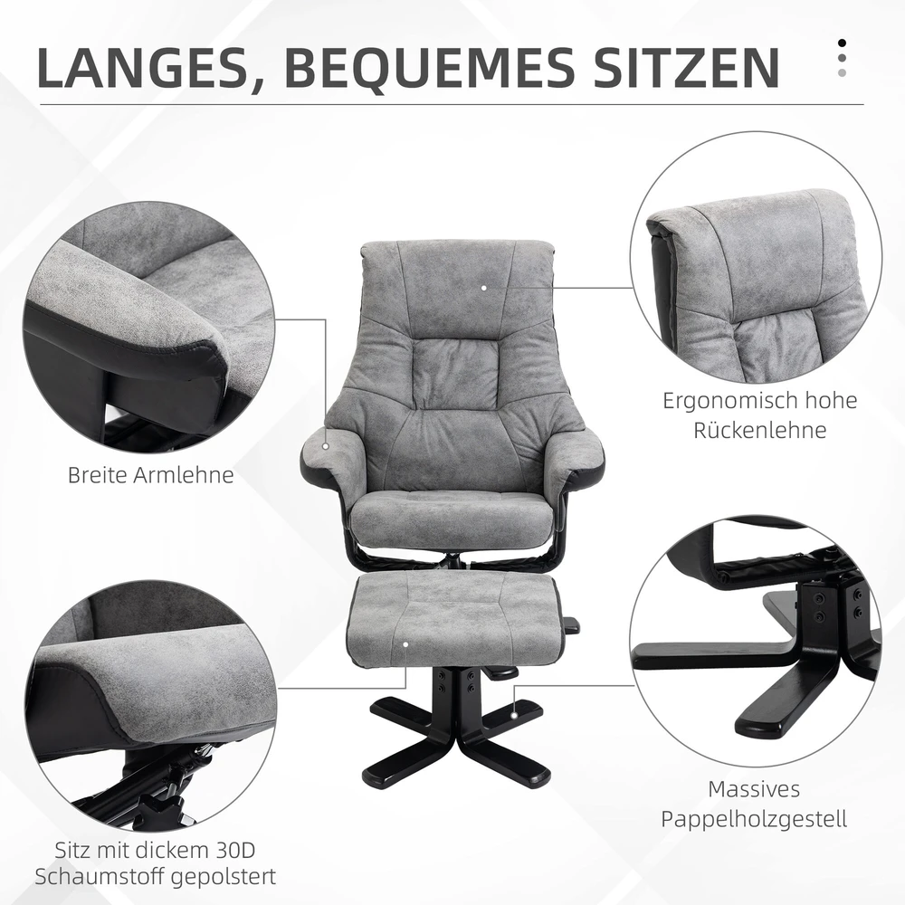 HOMCOM poilsio kėdė su taburete, pasukama TV kėdė, fotelis su atlošimo funkcija, pilka mikropluošto medžiaga, 78 x 82,5 x 109 cm