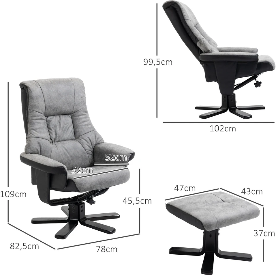 HOMCOM poilsio kėdė su taburete, pasukama TV kėdė, fotelis su atlošimo funkcija, pilka mikropluošto medžiaga, 78 x 82,5 x 109 cm