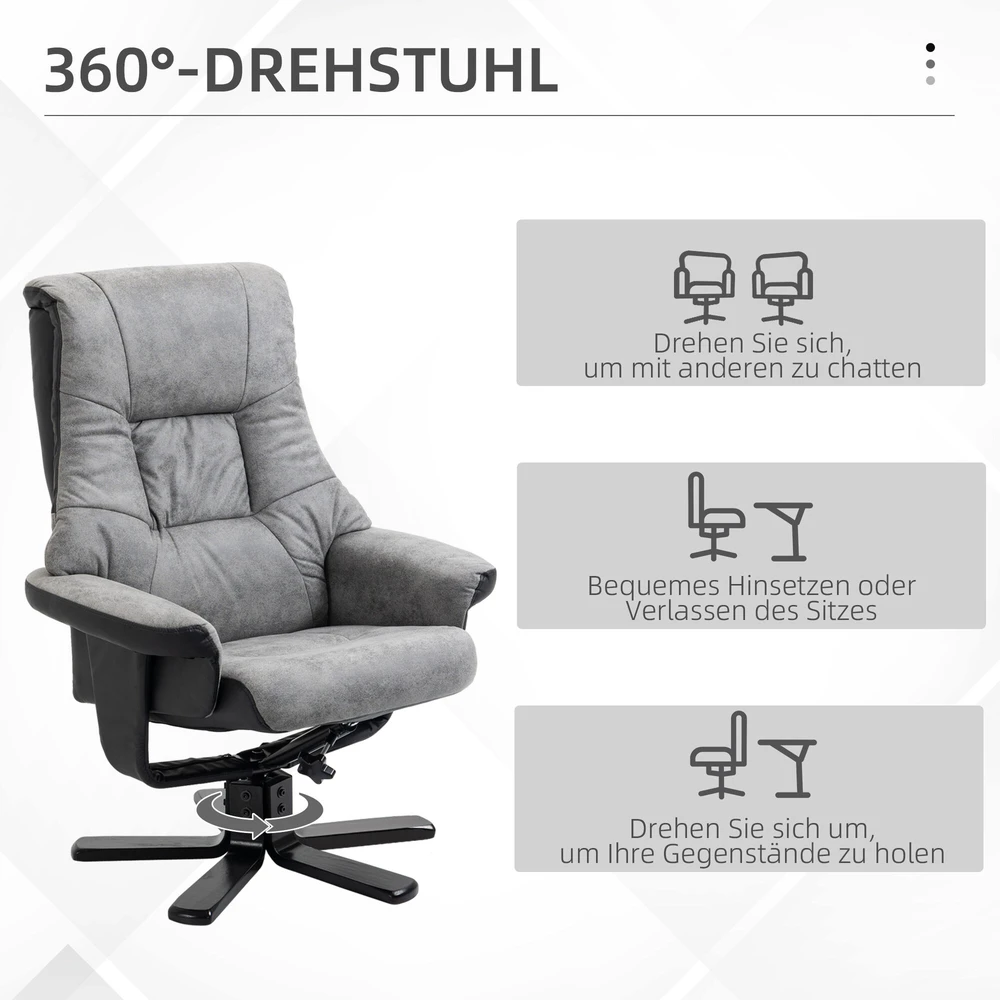 HOMCOM poilsio kėdė su taburete, pasukama TV kėdė, fotelis su atlošimo funkcija, pilka mikropluošto medžiaga, 78 x 82,5 x 109 cm