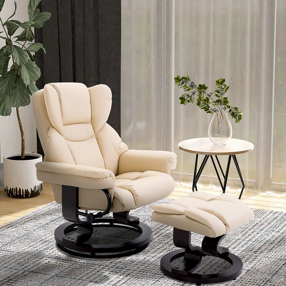 Fotelis HOMCOM poilsio kėdė su taburete, pasukama TV kėdė su atsilenkimo funkcija, dirbtinė oda, kreminė