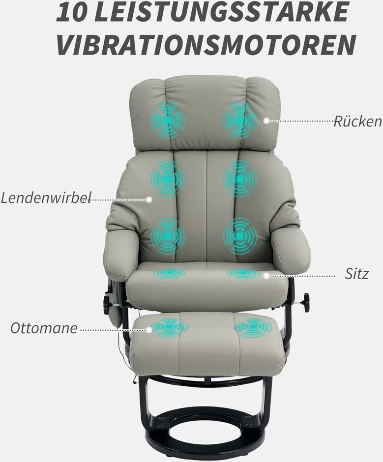 "HOMCOM Relax" fotelis su kojų pakoja, masažinis fotelis su atlošimo funkcija, elektrinis atlošiamasis fotelis su nuotolinio valdymo pulteliu, televizoriaus fotelis su šonine kišene, dirbtinė oda, pilkos spalvos