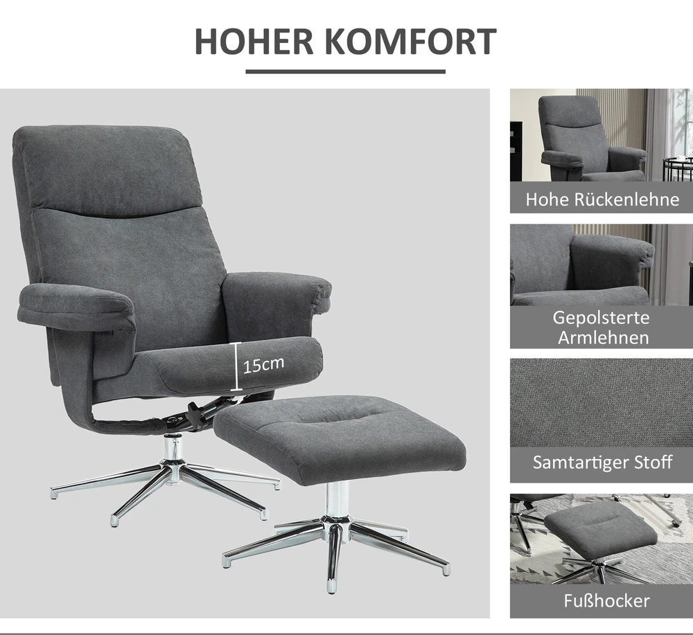 Fotelis HOMCOM poilsio kėdė su pakoja, paminkštinta TV kėdė su atlošimo funkcija, aksominės išvaizdos kėdė, atlaikanti iki 150 kg, svetainei, miegamajam, tamsiai pilka
