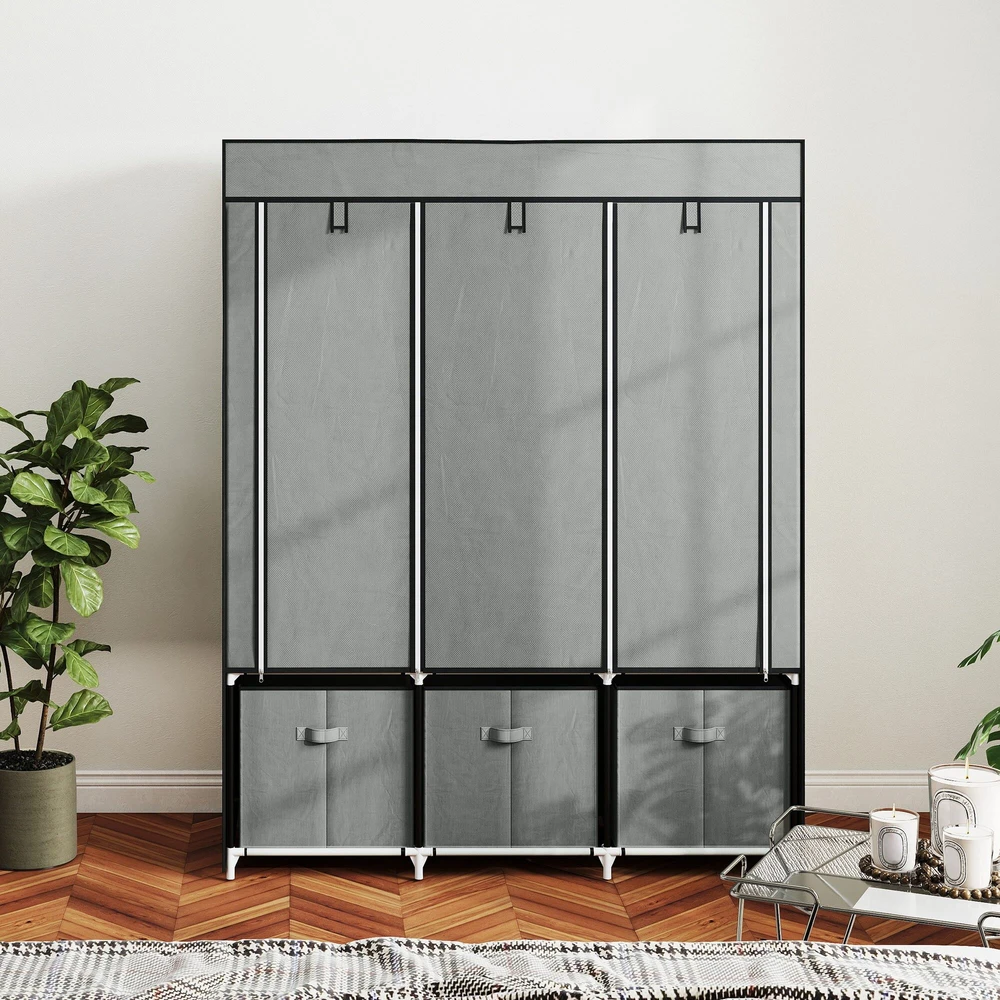 HOMCOM medžiaginė drabužių spinta su kabykla, stalčiais ir užtrauktuku, sulankstoma spinta miegamajam, rūbinei, 125 x 43 x 162,5 cm, šviesiai pilka