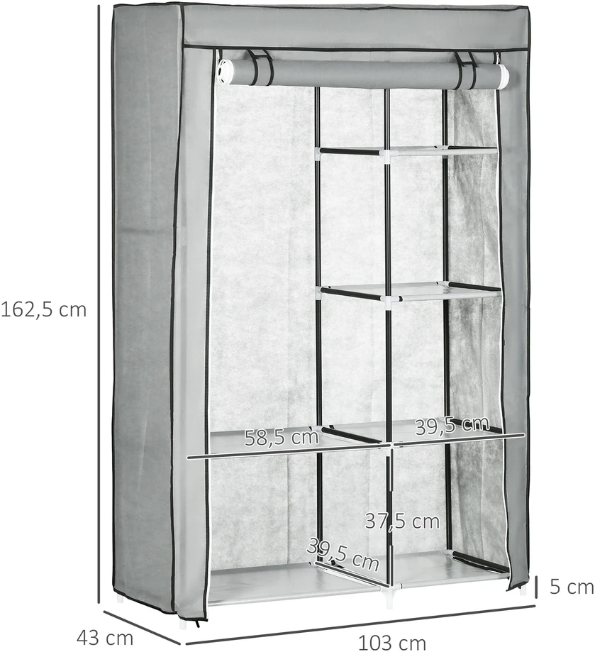HOMCOM audinio drabužių spinta, 6 skyriai, pilka, 103x43x162,5 cm, sulankstoma neaustinės medžiagos garderobinė spinta