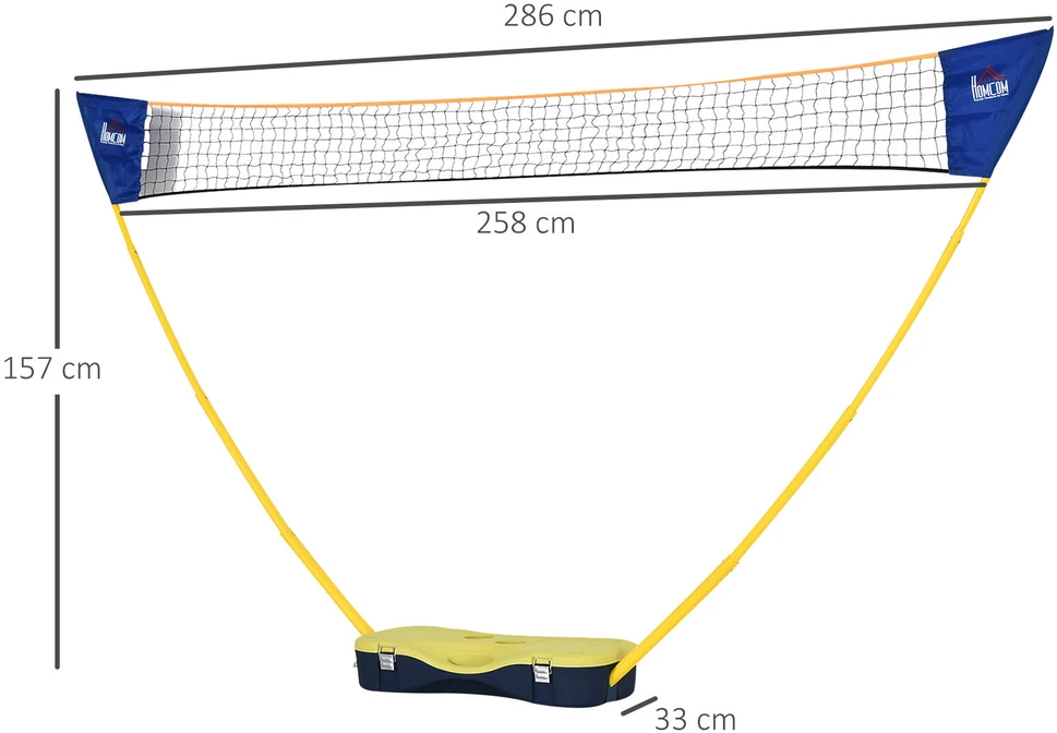 HOMCOM badmintono tinklas su stovu, badmintono tinklo stovas, nešiojamas tinklo stovas, badmintono tinklas su 4 badmintono raketėmis, lauko sportui, geltona + mėlyna