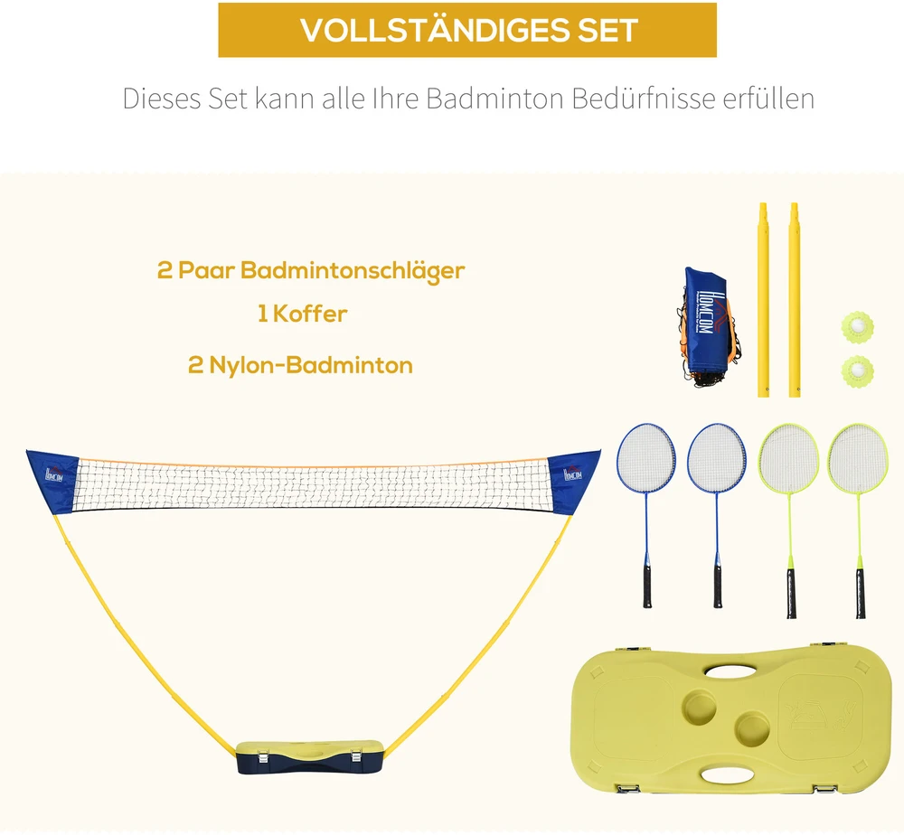 HOMCOM badmintono tinklas su stovu, badmintono tinklo stovas, nešiojamas tinklo stovas, badmintono tinklas su 4 badmintono raketėmis, lauko sportui, geltona + mėlyna