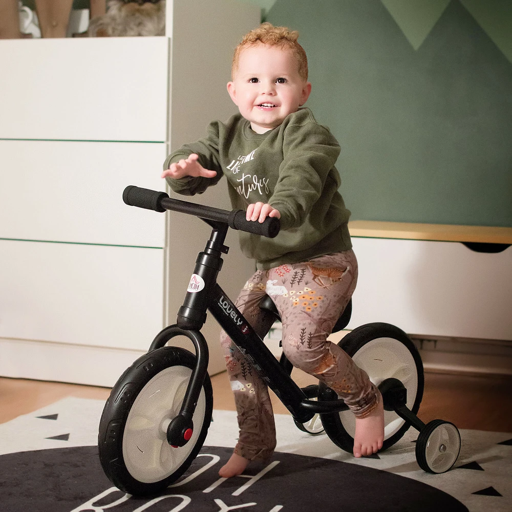 HOMCOM vaikiškas balansinis dviratukas su mokomaisiais ratukais, pedalais, reguliuojamo aukščio sėdynė, skirtas 2-5 metų vaikams, PP, juodas
