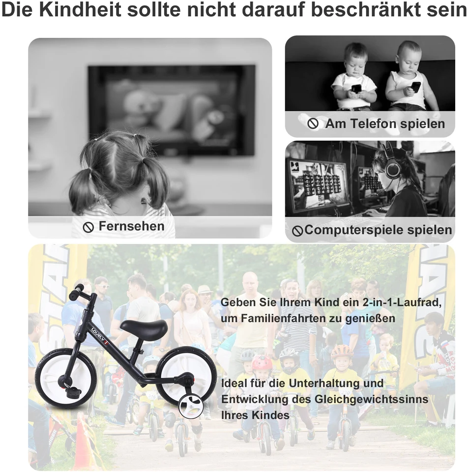 HOMCOM vaikiškas balansinis dviratukas su mokomaisiais ratukais, pedalais, reguliuojamo aukščio sėdynė, skirtas 2-5 metų vaikams, PP, juodas