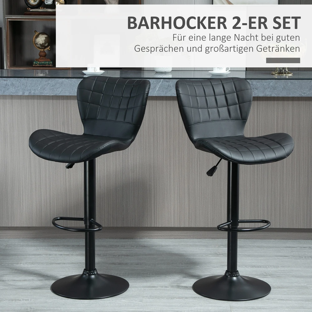 HOMCOM baro kėdės, 2 vnt. komplektas, baro kėdė, kėdė prekystaliui, bistro kėdė, virtuvės kėdė, pasukama kėdė, su atlošu, PU apmušalai, juodos spalvos