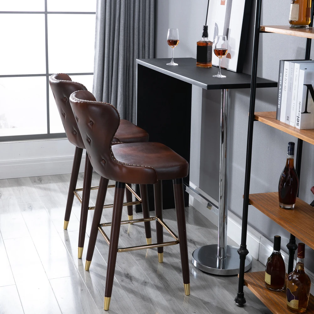 HOMCOM baro kėdžių rinkinys, 2 vnt., elegantiška baro kėdė su kojų atrama ir atlošu, bistro kėdė, valgomojo kėdė, PU oda, ruda, 52x53x101 cm
