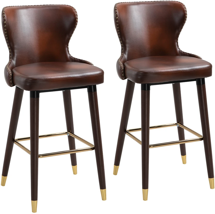 HOMCOM baro kėdžių rinkinys, 2 vnt., elegantiška baro kėdė su kojų atrama ir atlošu, bistro kėdė, valgomojo kėdė, PU oda, ruda, 52x53x101 cm