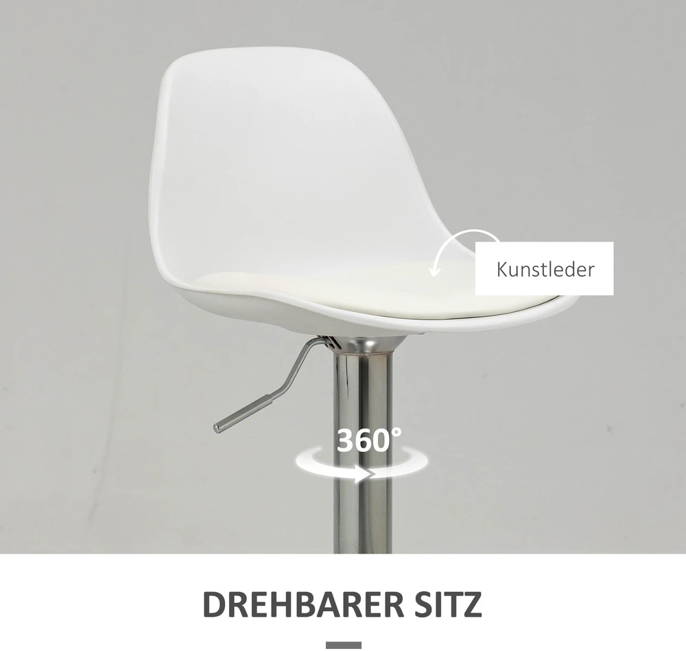 HOMCOM 2 baro kėdžių komplektas, su atlošu, modernaus dizaino, reguliuojamo aukščio, barui, balta spalva, dirbtinė oda, plienas, iki 120 kg, 40x42x82-104 cm