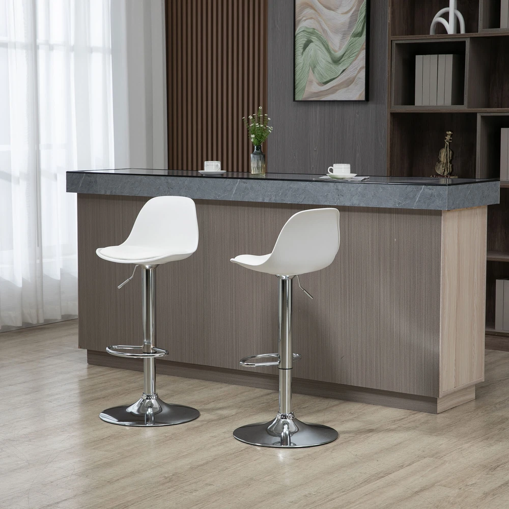 HOMCOM 2 baro kėdžių komplektas, su atlošu, modernaus dizaino, reguliuojamo aukščio, barui, balta spalva, dirbtinė oda, plienas, iki 120 kg, 40x42x82-104 cm