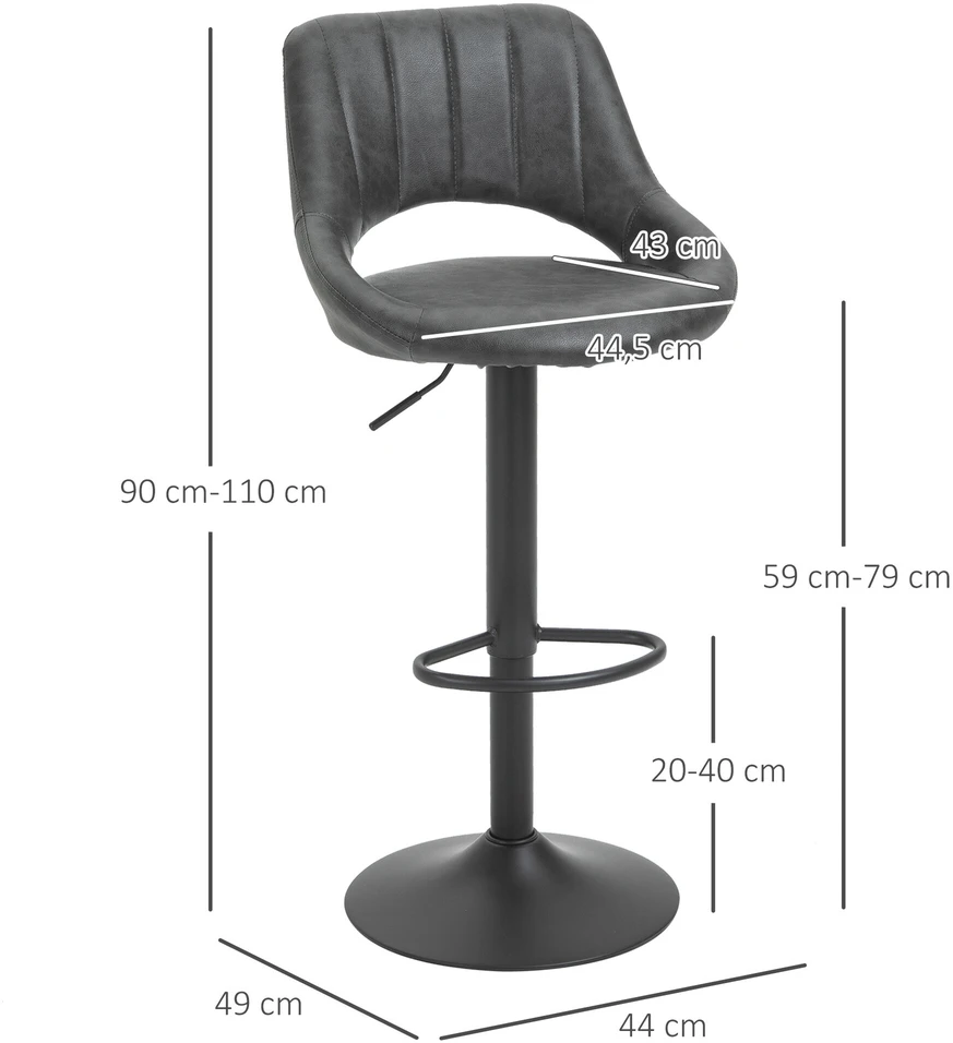 HOMCOM Baro kėdžių rinkinys, 2 taburetės, virtuvės kėdės, odos išvaizdos, pasukamos, reguliuojamo aukščio, su atrama kojoms, metalinis rėmas, 44 x 49 x 90-110 cm, pilkos spalvos