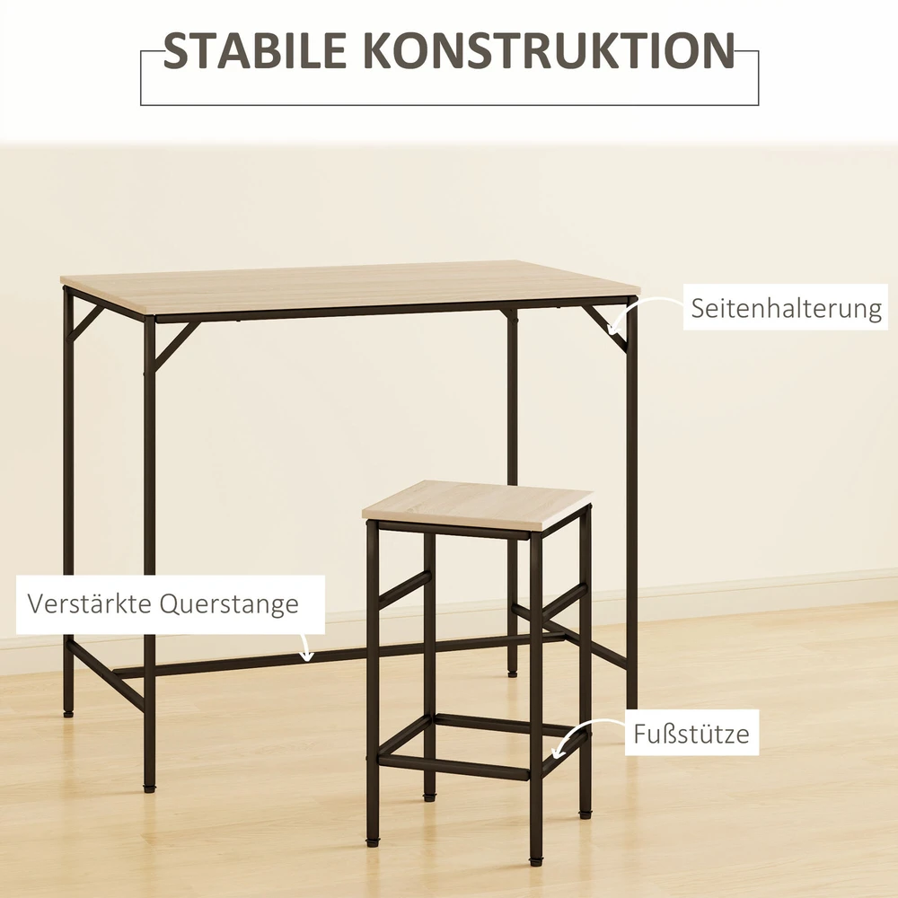 HOMCOM 5 dalių baro stalo komplektas, baro stalas su 4 kėdėmis, virtuvinis stalas, svetainei, plienas, ąžuolo ir juodos spalvos, 100x60x88 cm