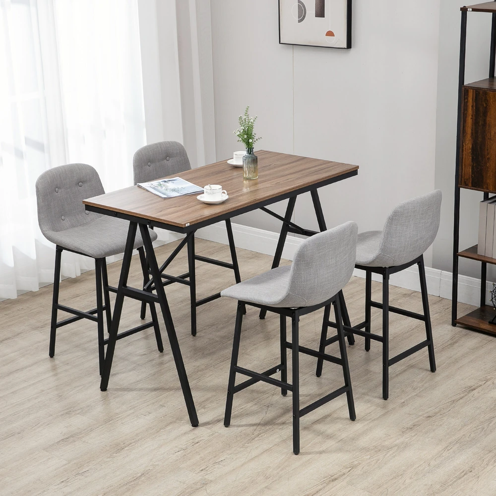 HOMCOM baro stalas su baro kėdžių komplektu, 5 dalių valgomojo komplektas, virtuvinis stalas, bistro stalas su 4 kėdėmis, baro stalo komplektas, metalas, šviesiai ruda, 120 x 60 x 91 cm