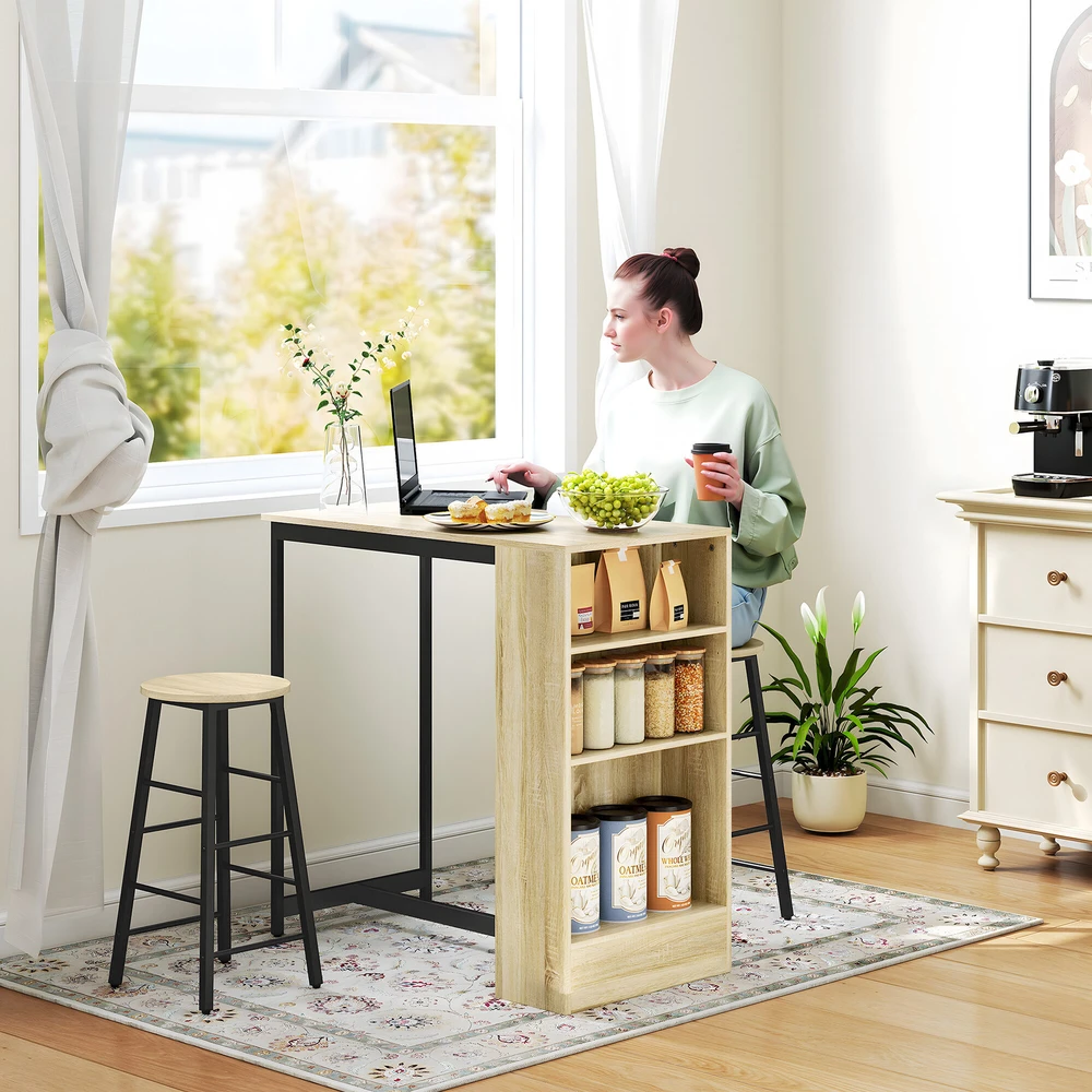 HOMCOM baro stalo ir kėdžių rinkinys, 3 dalių, su virtuviniu stalu, daiktadėže, 2 kėdėmis, kojų atramomis, modernaus stiliaus, taupantis vietą valgomojo komplektas valgomajam, virtuvei, plienas, ąžuolas