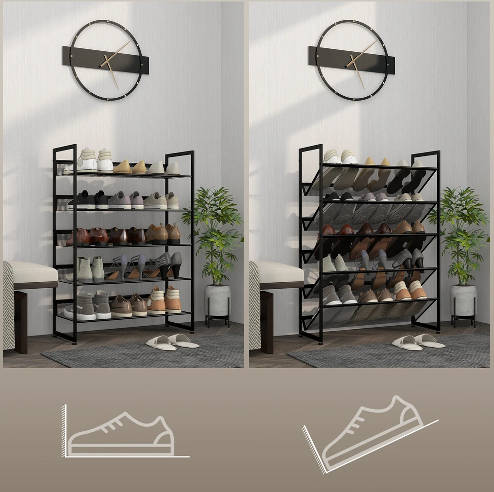HOMCOM batų lentyna, 5 pakopų batų stovas, batų organizatorius iki 15 porų batų, su rankena prieškambariui, miegamajam, plieno, 72 x 30 x 102 cm, juodas