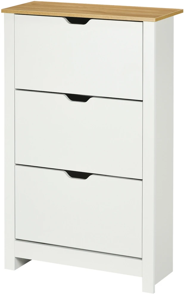 HOMCOM batų spintelė su 3 skyriais, 18 porų batų, vietą taupanti batų lentyna, balta ir natūralaus medžio spalvos, 72 x 26 x 112 cm