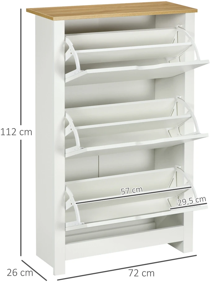 HOMCOM batų spintelė su 3 skyriais, 18 porų batų, vietą taupanti batų lentyna, balta ir natūralaus medžio spalvos, 72 x 26 x 112 cm