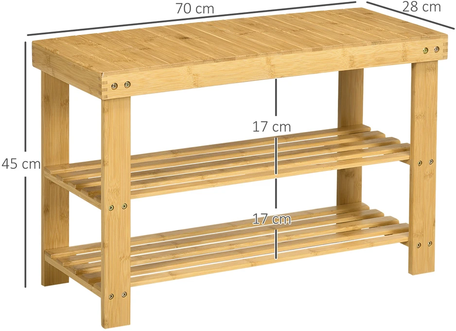 HOMCOM batų suoliukas, batų lentyna su 3 pakopomis, bambukinis suoliukas, suoliukas prieškambariui 6 poroms batų, batų laikymo spintelė, natūrali spalva, 70 x 28 x 45 cm