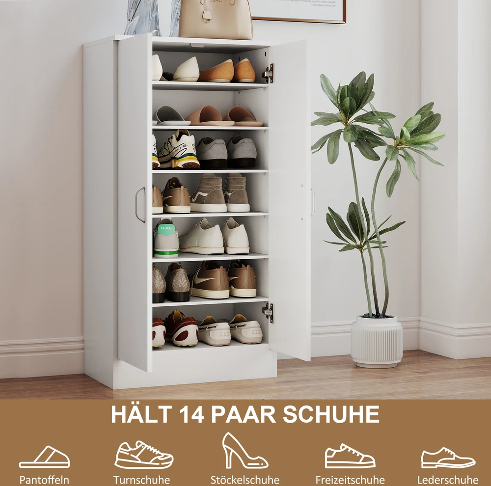 HOMCOM batų spintelė su „soft-close“ lankstais, reguliuojamos lentynos, 6 pakopų batų lentyna koridoriui, prieškambariui, talpinanti 14 porų, 55 x 35 x 108 cm, medinė, balta