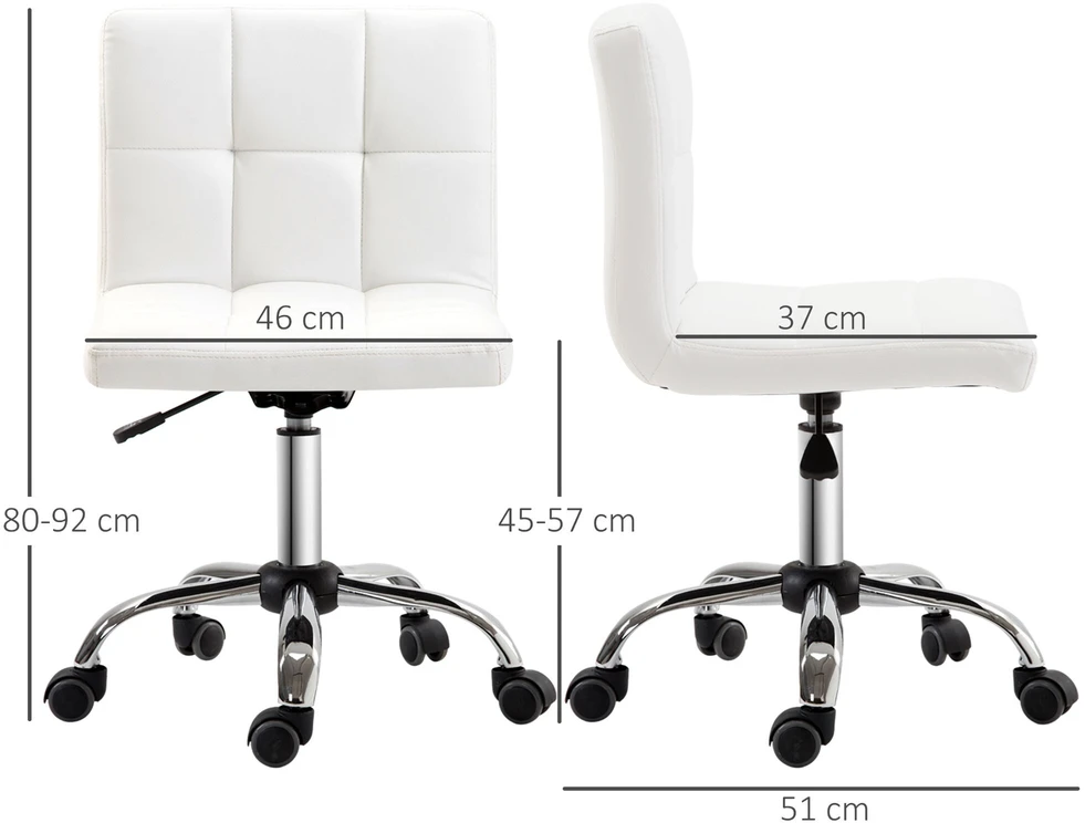 HOMCOM biuro kėdė, ergonomiška kėdė be porankių, reguliuojamo aukščio sukama kėdė, kompiuterio kėdė biurui ar darbo kambariui, dirbtinė oda, balta