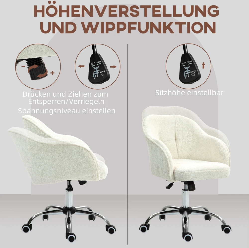 HOMCOM biuro kėdė, ergonomiška rašomojo stalo kėdė, pasukama kėdė, reguliuojamo aukščio biuro kėdė su supimosi funkcija, meškiuko aksomo išvaizda, kosmetinė kėdė miegamajam, darbo kambariui, kreminė balta