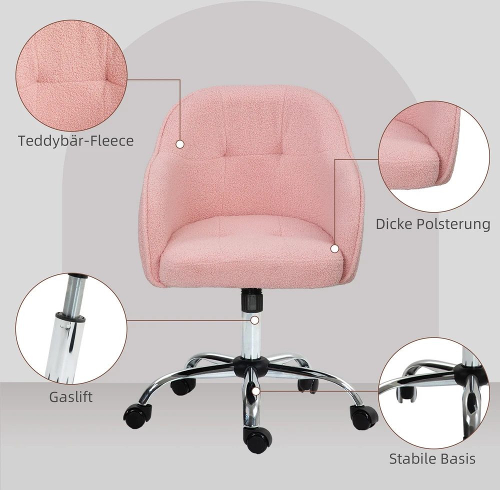 HOMCOM biuro kėdė, ergonomiška darbo kėdė, besisukanti kėdė, reguliuojamo aukščio kėdė su supimosi funkcija, pliušinio aksomo išvaizda, makiažo kėdė miegamajam, darbo kambariui, rožinė