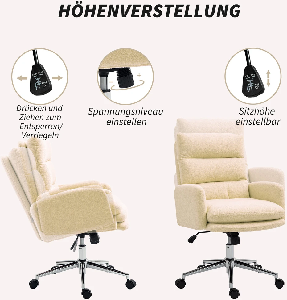 HOMCOM biuro kėdė, ergonomiška rašomojo stalo kėdė su porankiais, ėriuko vilnos išvaizda, aukščio reguliuojama besisukanti kėdė su supimosi funkcija, paminkštinta namų biuro kėdė, kreminės baltos spalvos