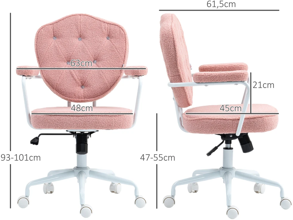 HOMCOM biuro kėdė, ergonomiška rašomojo stalo kėdė su supimosi funkcija, sagomis dekoruotas apmušalas, reguliuojamo aukščio kompiuterio kėdė su sukimosi funkcija, namų biurui, meškiuko kailio audinys, rožinė