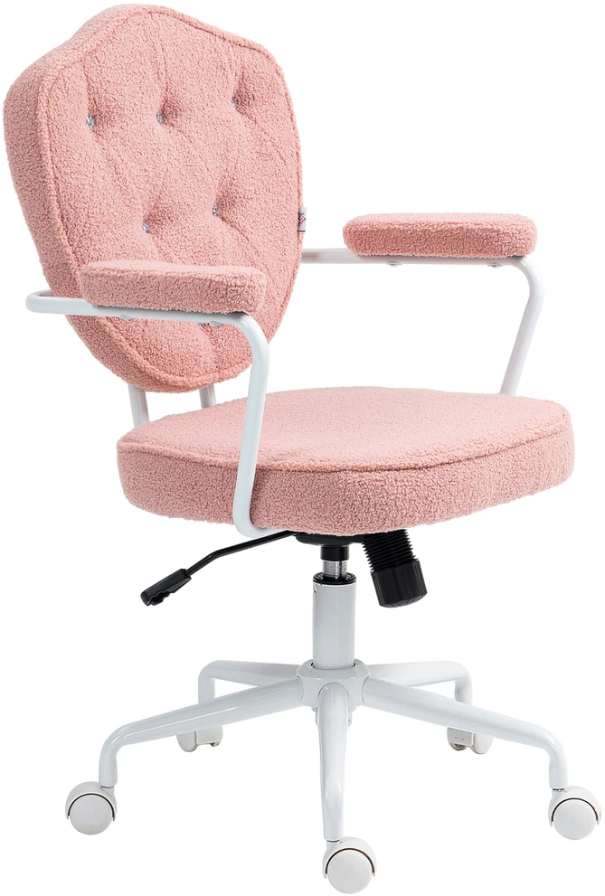HOMCOM biuro kėdė, ergonomiška rašomojo stalo kėdė su supimosi funkcija, sagomis dekoruotas apmušalas, reguliuojamo aukščio kompiuterio kėdė su sukimosi funkcija, namų biurui, meškiuko kailio audinys, rožinė