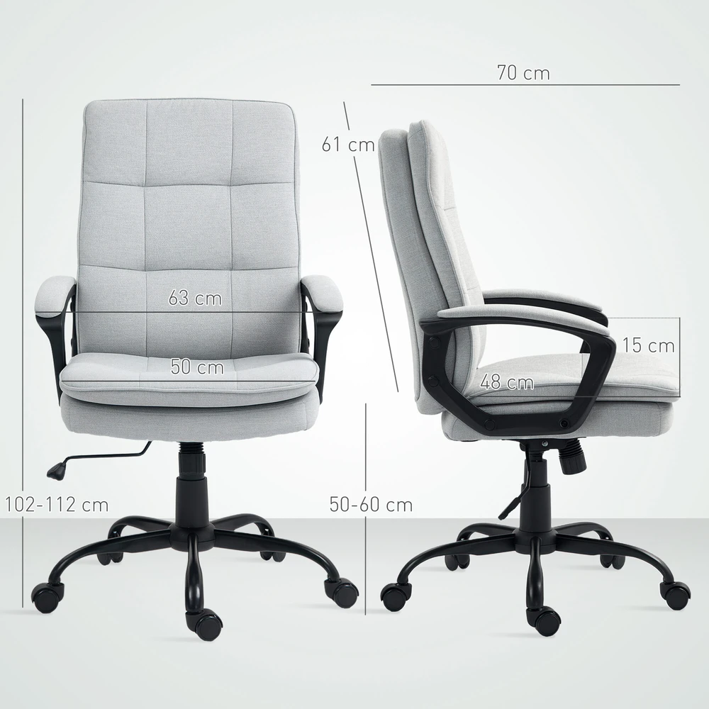 HOMCOM biuro kėdė, ergonomiška darbo kėdė su porankiais, reguliuojamo aukščio sukama kėdė su supimosi funkcija, lininio audinio išvaizda, paminkštinta kompiuterio kėdė, pilka