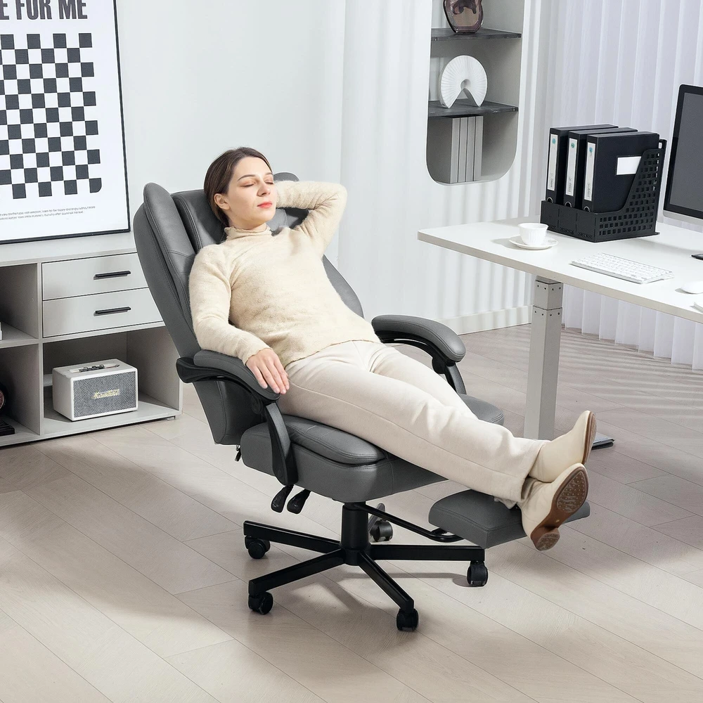 HOMCOM biuro kėdė su masažo funkcija, ergonomiška darbo kėdė su atlošimo funkcija, reguliuojamo aukščio pasukama kėdė su kojų atrama, pilka