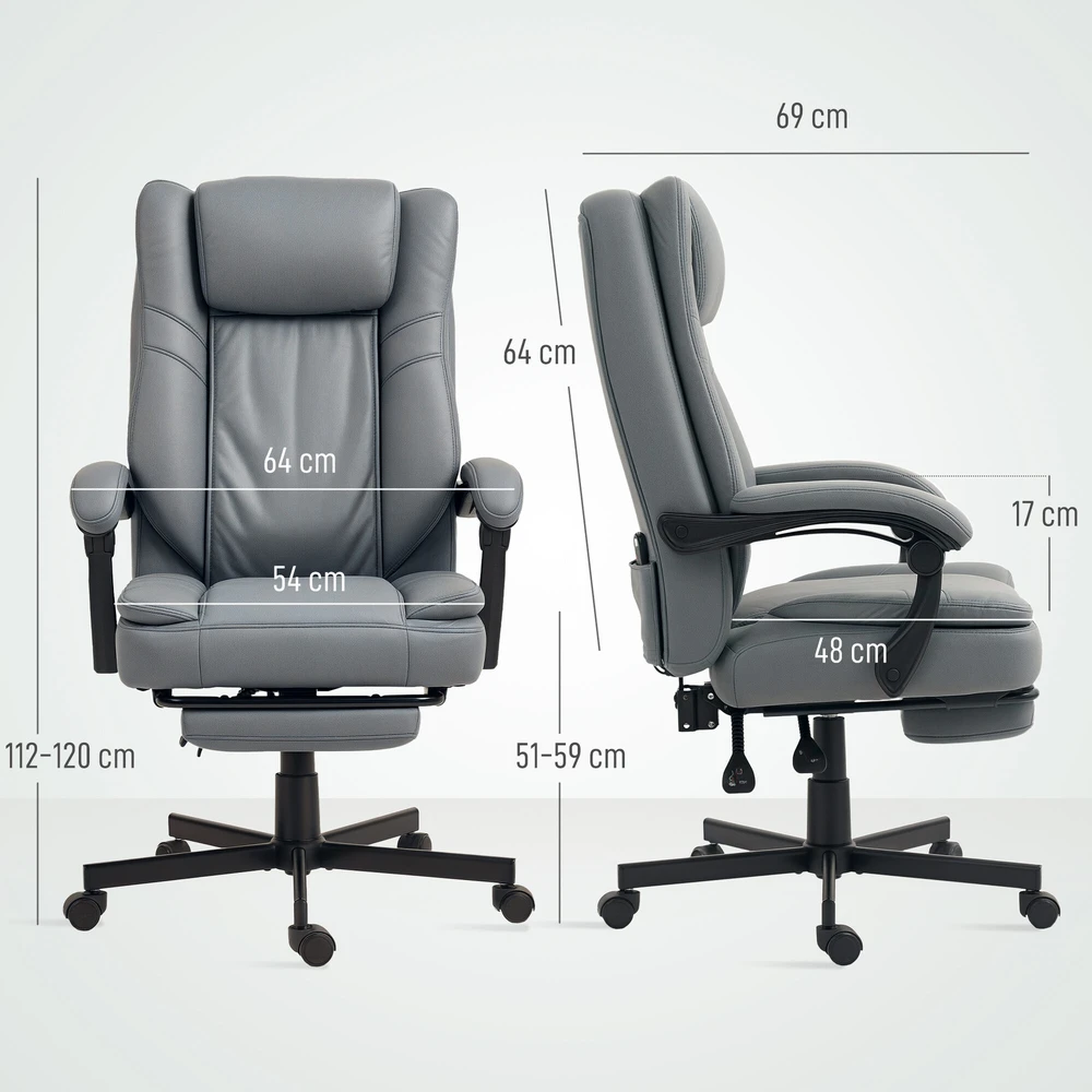 HOMCOM biuro kėdė su masažo funkcija, ergonomiška darbo kėdė su atlošimo funkcija, reguliuojamo aukščio pasukama kėdė su kojų atrama, pilka