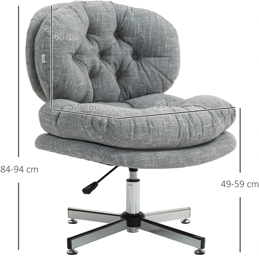 Biuro kėdė HOMCOM, ergonomiška rašomojo stalo kėdė su supimosi funkcija, minkšta ir paminkštinta sėdimoji dalis, reguliuojamo aukščio sukamoji kėdė su lino imitacija, skirta namų biurui, pilka