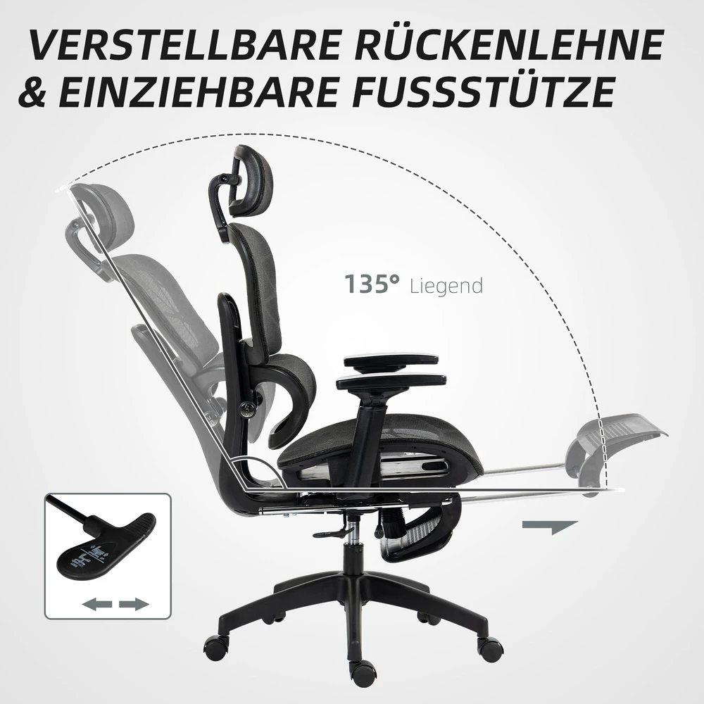 HOMCOM ergonominė biuro kėdė su porankiais, galvos atrama, juosmens atrama, reguliuojamo aukščio tinkline pasukama kėdė su supimosi funkcija, atlošimo funkcija, kojų atrama, juoda