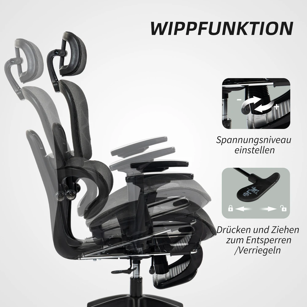 HOMCOM ergonominė biuro kėdė su porankiais, galvos atrama, juosmens atrama, reguliuojamo aukščio tinkline pasukama kėdė su supimosi funkcija, atlošimo funkcija, kojų atrama, juoda