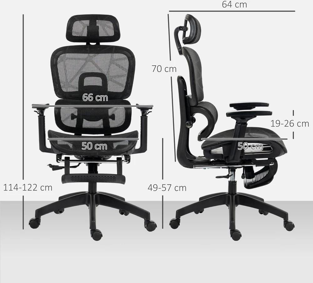 HOMCOM ergonominė biuro kėdė su porankiais, galvos atrama, juosmens atrama, reguliuojamo aukščio tinkline pasukama kėdė su supimosi funkcija, atlošimo funkcija, kojų atrama, juoda