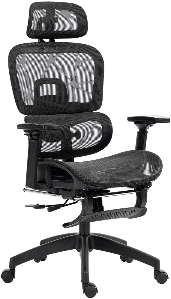 HOMCOM ergonominė biuro kėdė su porankiais, galvos atrama, juosmens atrama, reguliuojamo aukščio tinkline pasukama kėdė su supimosi funkcija, atlošimo funkcija, kojų atrama, juoda