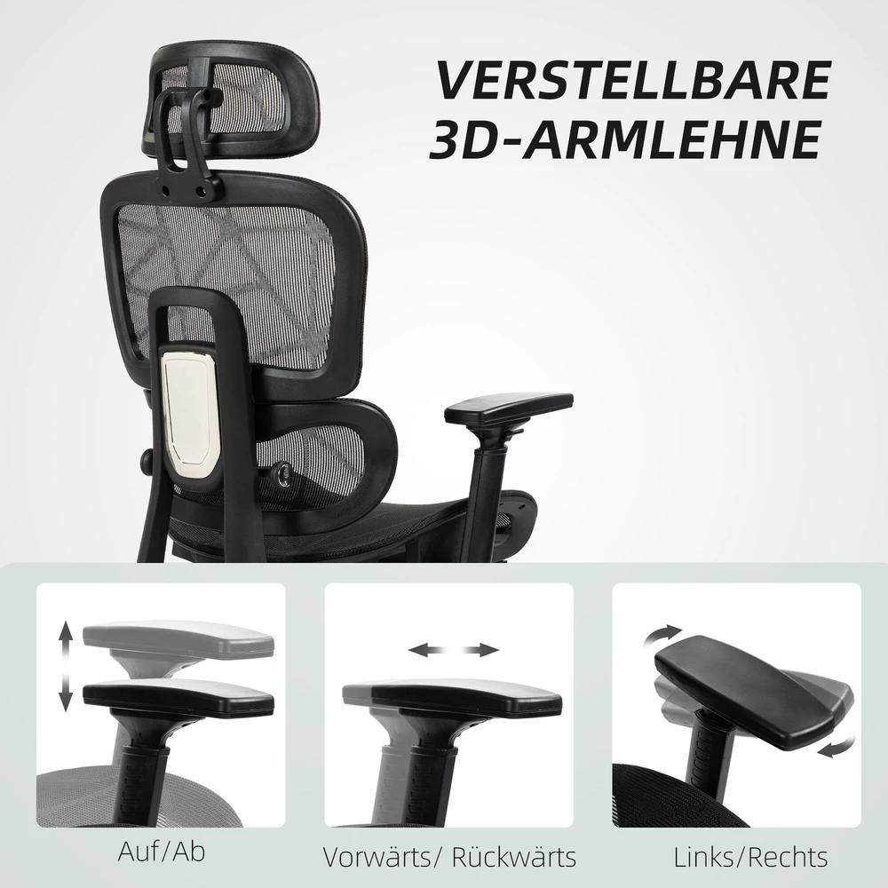 HOMCOM ergonominė biuro kėdė su porankiais, galvos atrama, juosmens atrama, reguliuojamo aukščio tinkline pasukama kėdė su supimosi funkcija, atlošimo funkcija, kojų atrama, juoda