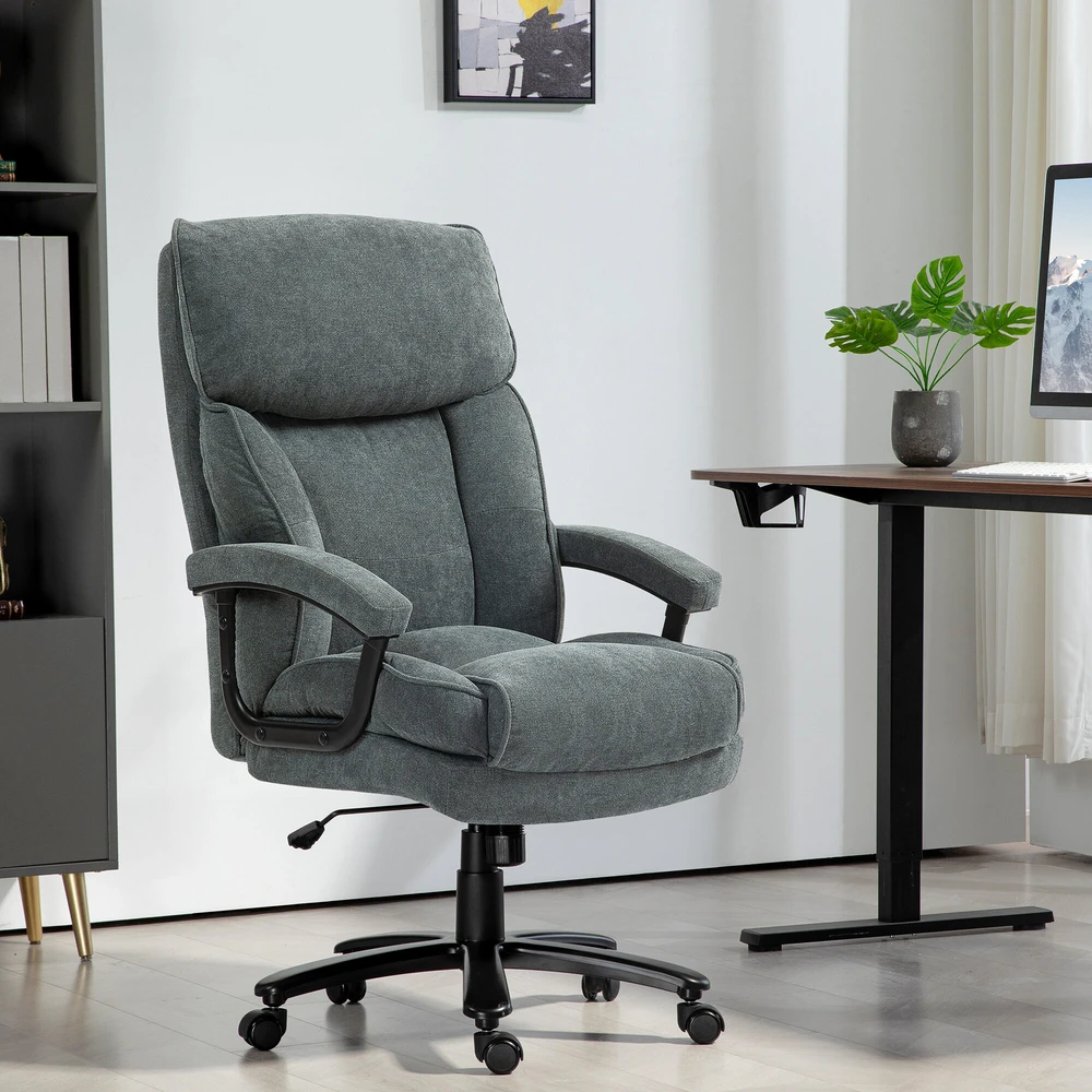 HOMCOM biuro kėdė, ergonomiška darbo kėdė su supimosi funkcija, lino išvaizda, reguliuojamo aukščio PC kėdė su sukimosi funkcija, storos pagalvėlės, atlaiko iki 200 kg apkrovą, skirta namų biurui, pilka