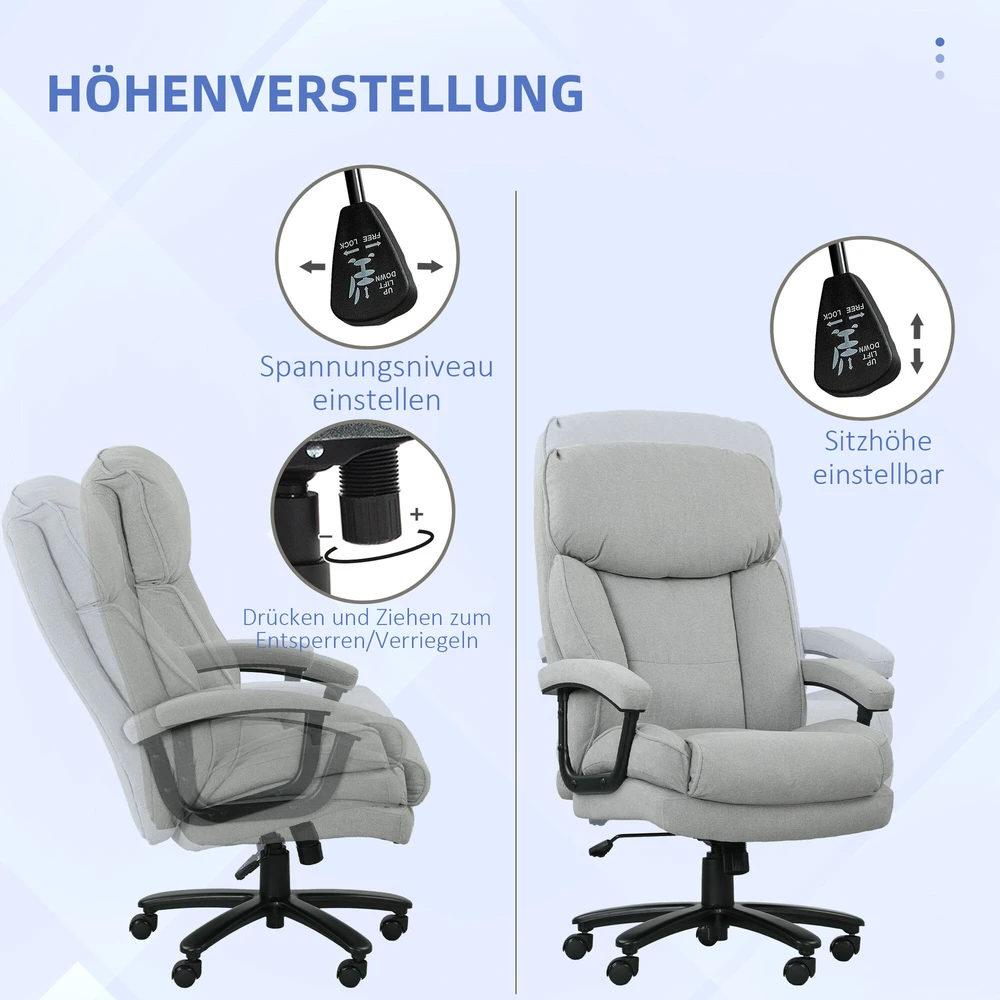 HOMCOM biuro kėdė, ergonomiška darbo kėdė su supimosi funkcija, lininis audinys, reguliuojamo aukščio, pasukama kompiuterio kėdė, su stora pagalve, keliamoji galia iki 200 kg, namų biurui, šviesiai pilka
