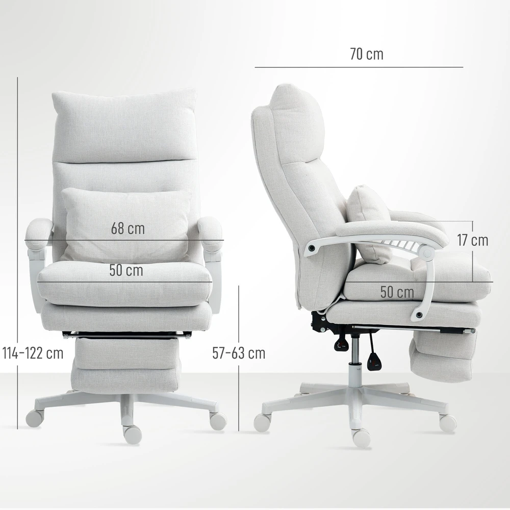 HOMCOM biuro kėdė, ergonomiška darbo kėdė su atrama juosmeniui, aukštu atlošu, kojų atrama, reguliuojamo aukščio sukamoji kėdė, lininio audinio išvaizda, paminkštinta kompiuterio kėdė, kreminė balta