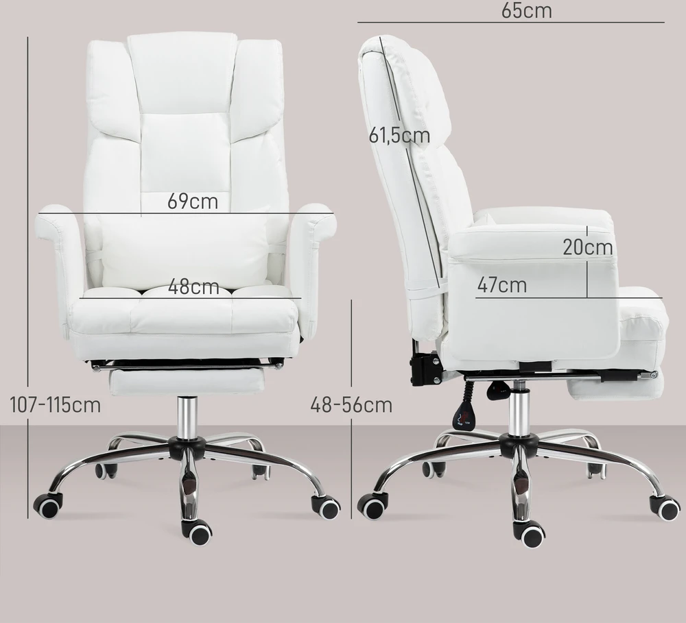 HOMCOM biuro kėdė, ergonomiška rašomojo stalo kėdė su atsilenkimo funkcija, juosmens pagalvėle, reguliuojamo aukščio kompiuterio kėdė su kojų atrama, sukimosi funkcija, skirta namų biurui, dirbtinė oda, balta