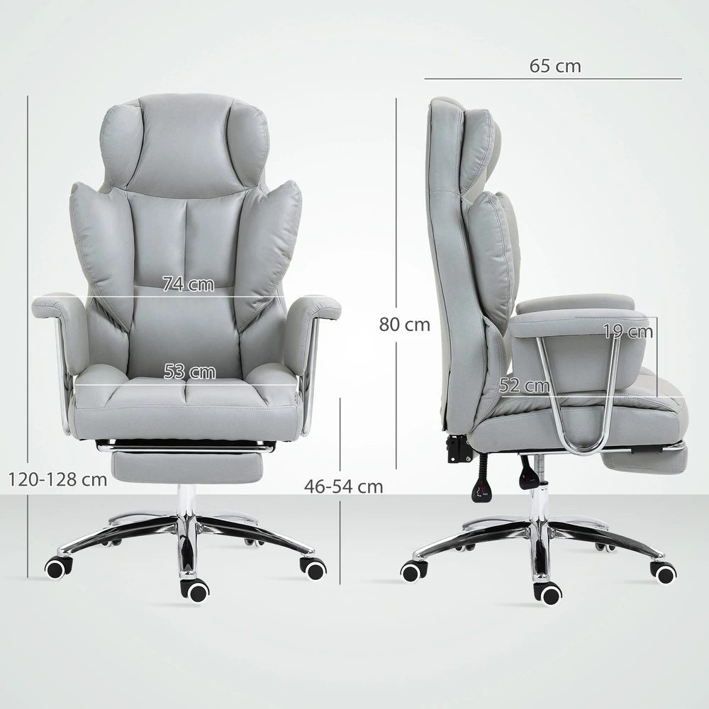 "HOMCOM" biuro kėdė su atsilenkimo funkcija, ergonomiška biuro kėdė, reguliuojamo aukščio sukamoji kėdė su kojų atrama, minkšta, keliamoji galia iki 120 kg, skirta biurui, kabinetui, šviesiai pilka