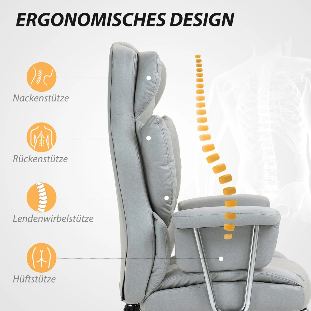"HOMCOM" biuro kėdė su atsilenkimo funkcija, ergonomiška biuro kėdė, reguliuojamo aukščio sukamoji kėdė su kojų atrama, minkšta, keliamoji galia iki 120 kg, skirta biurui, kabinetui, šviesiai pilka
