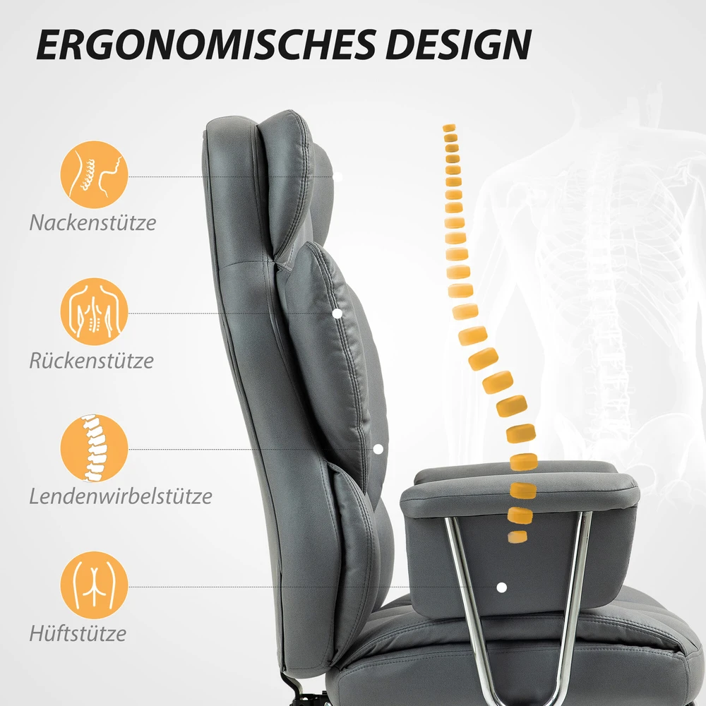 HOMCOM biuro kėdė su atlošimo funkcija, ergonomiška darbo kėdė, reguliuojamo aukščio sukama kėdė su kojų atrama, paminkštinta, keliamoji galia iki 120 kg, tamsiai pilka