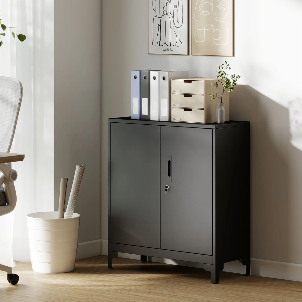 HOMCOM metalinė biuro spintelė, rakinamos durys, biuro komoda, 2 pakopų dizainas, juoda